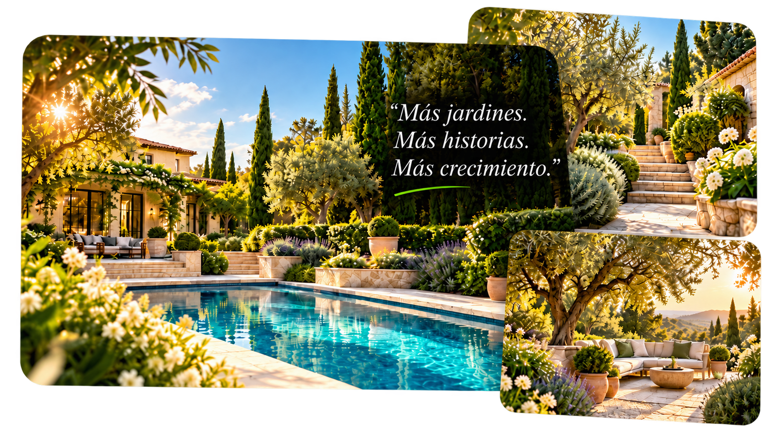 Collage de jardines mediterráneos de lujo con piscina, terraza y zonas ajardinadas