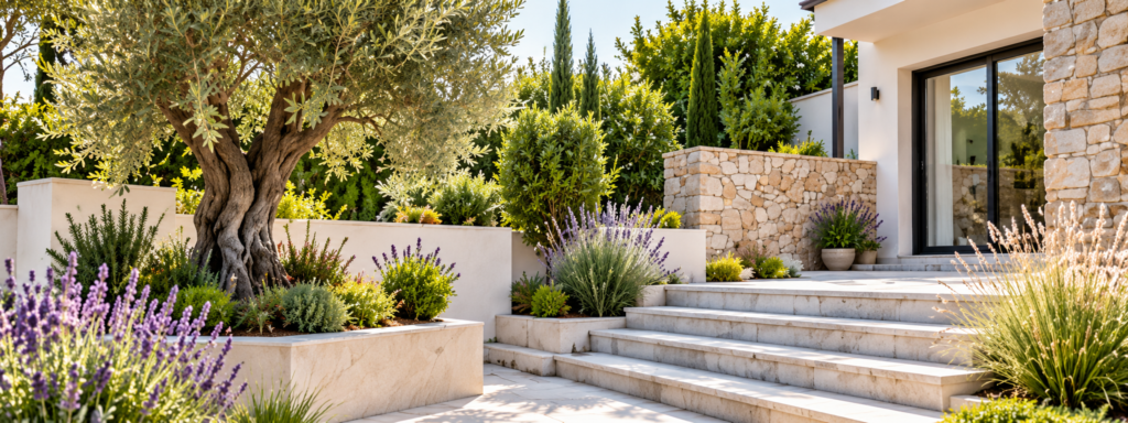 Jardín mediterráneo moderno con olivo, lavanda y entrada de piedra