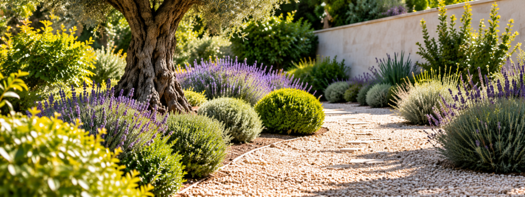 Jardín mediterráneo con olivo, lavanda y camino de grava